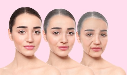 Natural aging, comparison. Portraits of woman in different ages on pink background