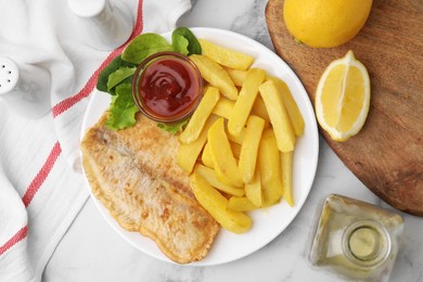 Photo of Delicious fish and chips with different products on light table, flat lay