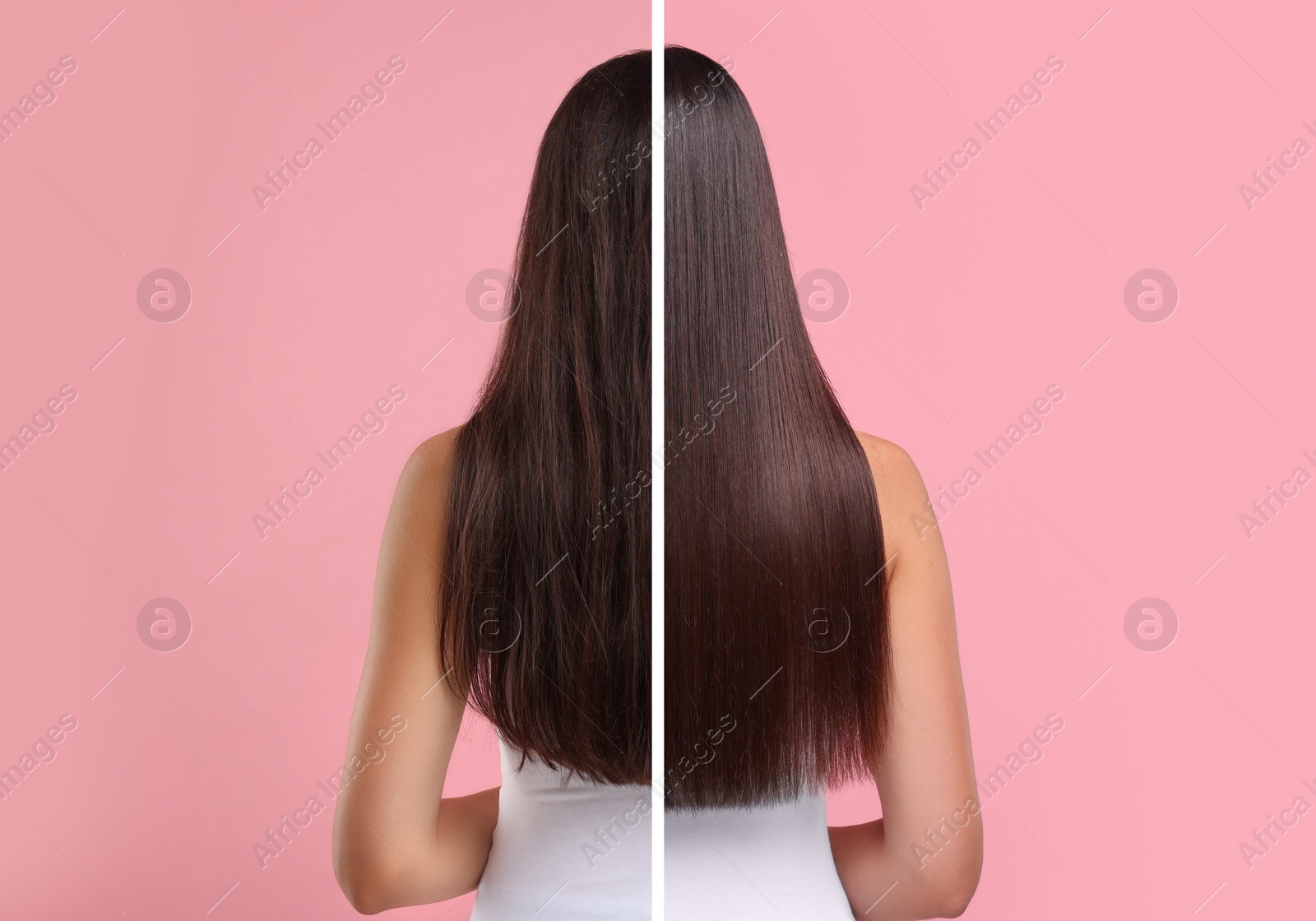 Image of Photo of woman divided into halves before and after hair treatment on pink background, back view