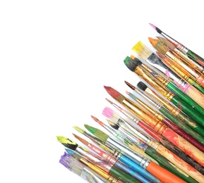 Photo of Different paint brushes on white background, top view