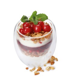 Photo of Delicious yogurt parfait with fresh red currants and mint on white background