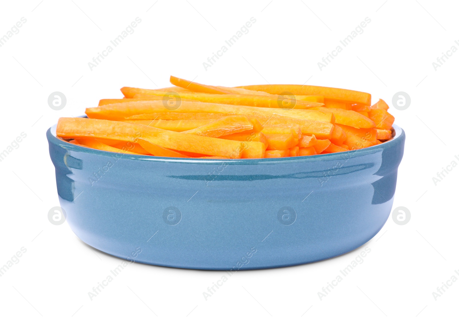 Photo of Bowl of delicious carrot sticks isolated on white