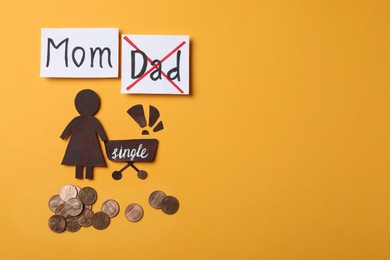 Being single mother concept. Woman with pram made of paper, coins and space for text on orange background, flat lay