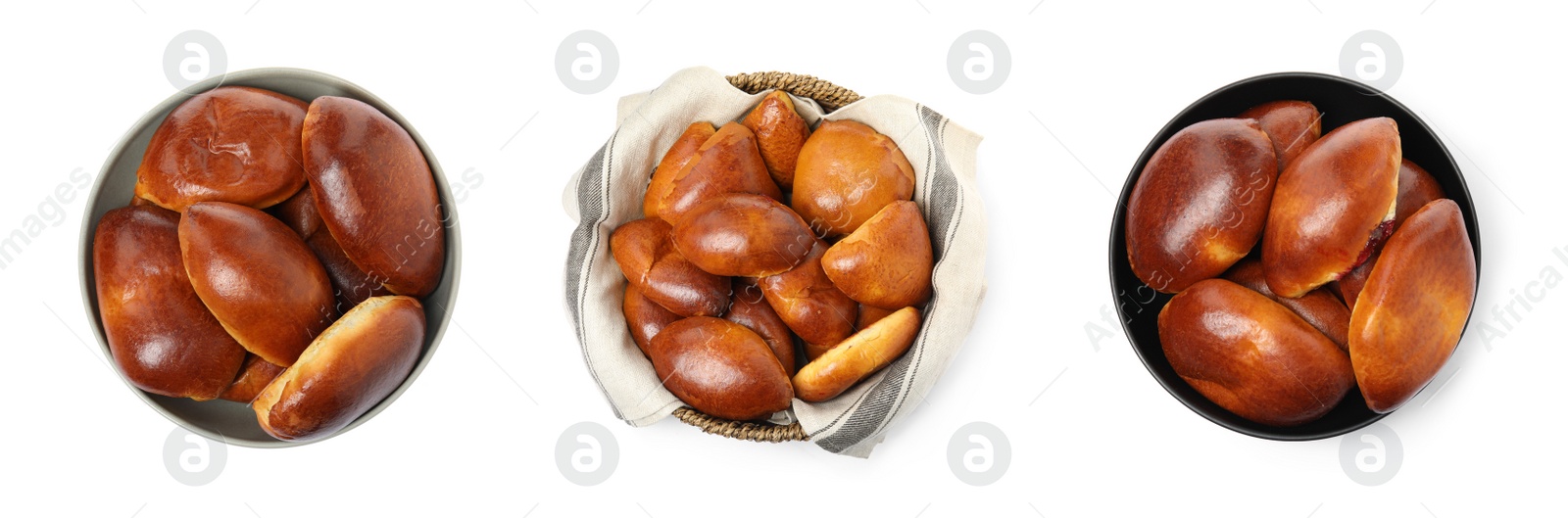 Image of Set with  delicious baked pirozhki on white background, top view. Banner design