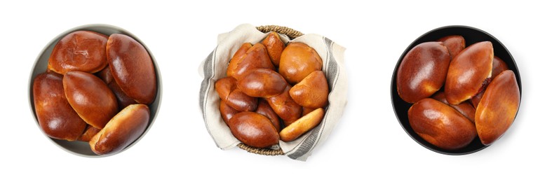 Image of Set with  delicious baked pirozhki on white background, top view. Banner design
