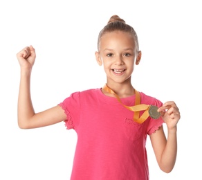 Photo of Happy girl with golden medal on white background