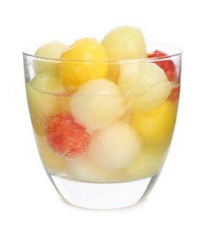 Photo of Glass of melon and watermelon ball cocktail on white background