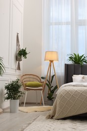 Photo of Comfortable bed, lamp, wicker armchair and beautiful houseplants in bedroom. Interior design