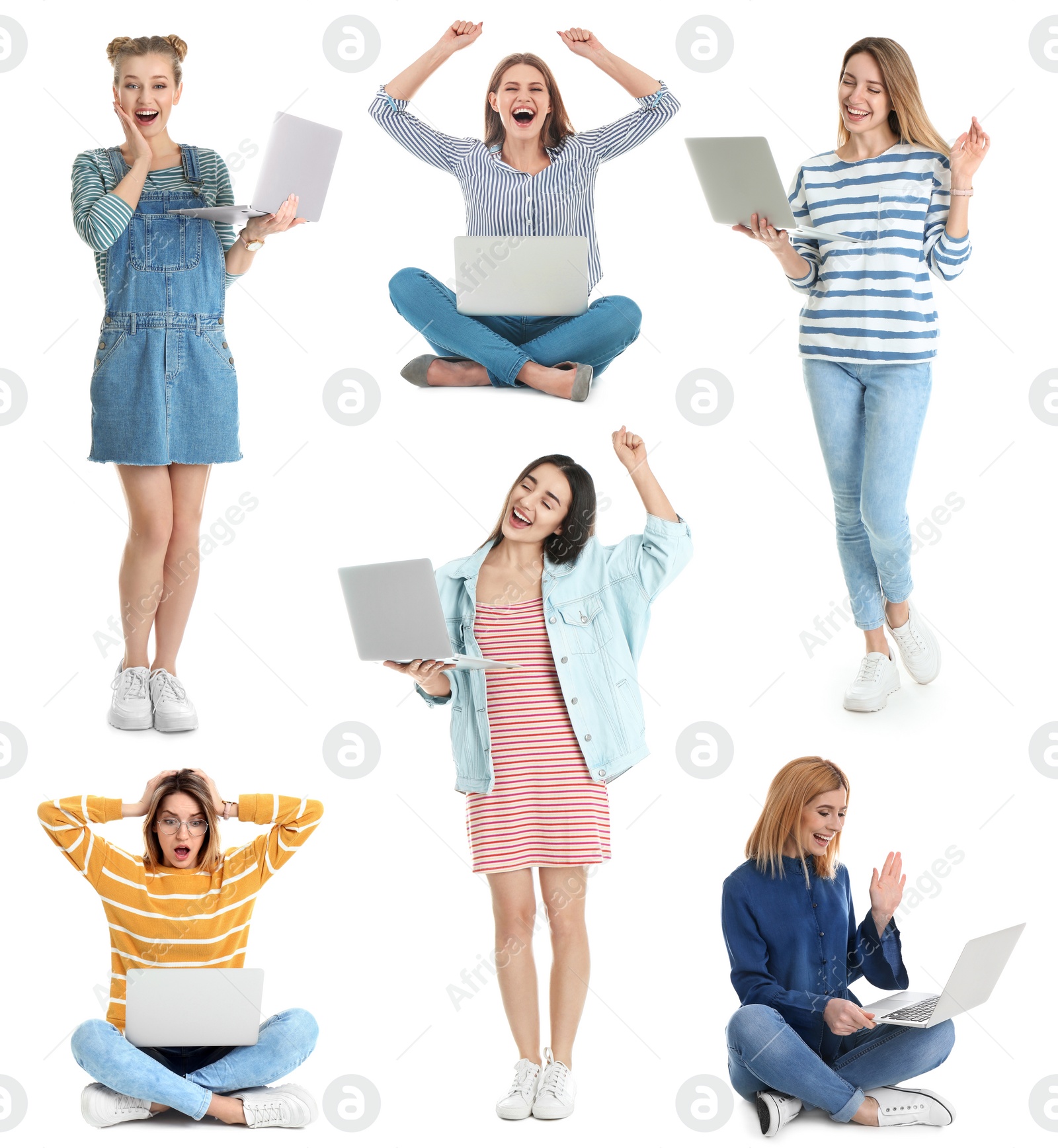 Image of Collage of women with laptops on white background