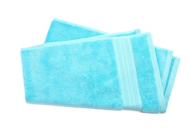 Photo of Clean soft towel on white background