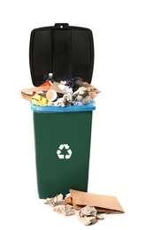 Photo of Trash bin with garbage on white background. Waste recycling