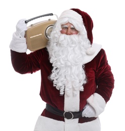 Photo of Santa Claus with vintage radio on white background. Christmas music