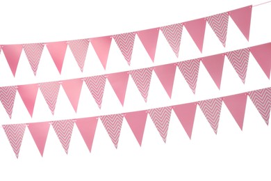 Photo of Buntings with triangular paper flags on white background. Festive decor