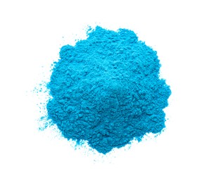 Photo of Pile of light blue powder isolated on white, top view. Holi festival celebration