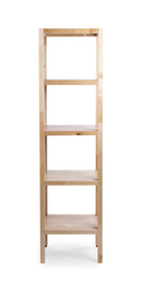 Photo of Empty wooden shelving unit isolated on white