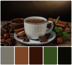 Image of Composition with yummy hot chocolate in cup on wooden table and color palette. Collage