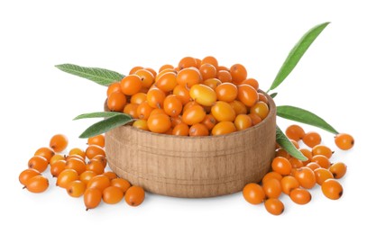 Photo of Fresh ripe sea buckthorn berries in wooden bowl on white background