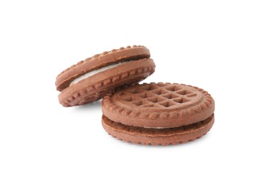 Photo of Tasty chocolate sandwich cookies with cream isolated on white