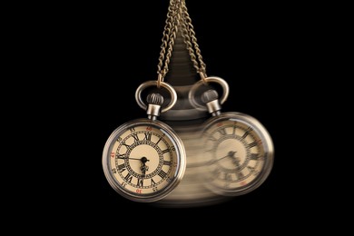 Image of Hypnosis session. Vintage pocket watch with chain swinging on black background, motion effect