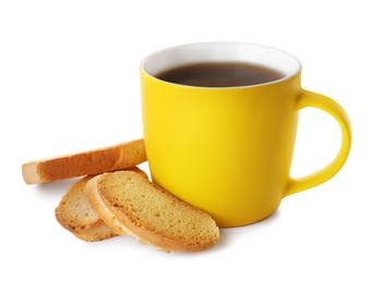 Photo of Hard chuck crackers and cup of tea on white background