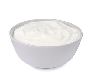 Photo of Ceramic bowl with delicious organic yogurt isolated on white