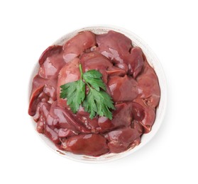 Photo of Bowl of raw chicken liver with parsley isolated on white, top view