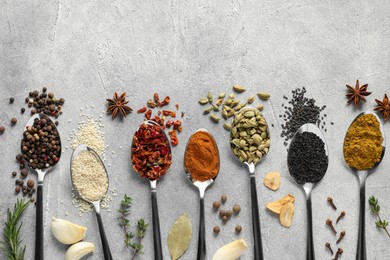 Photo of Metal spoons with different spices on light grey table, flat lay. Space for text