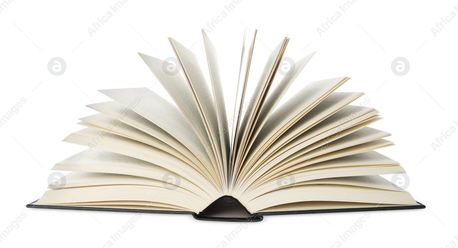 Photo of Open book with hard cover on white background