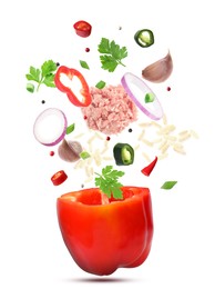 Image of Stuffed pepper recipe. Fresh ingredients falling into bell pepper on white background