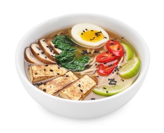 Photo of Delicious vegetarian ramen in bowl isolated on white