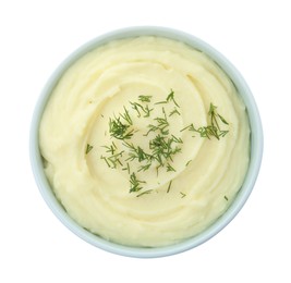 Photo of Bowl with freshly cooked homemade mashed potatoes isolated on white, top view