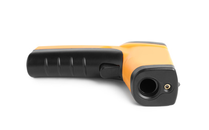 Photo of Modern non-contact infrared thermometer on white background