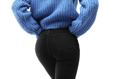 Photo of Woman wearing jeans on white background, closeup