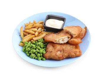 Tasty fish, chips, sauce and peas isolated on white