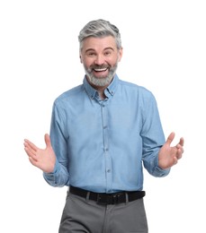 Photo of Mature businessman in stylish clothes posing on white background