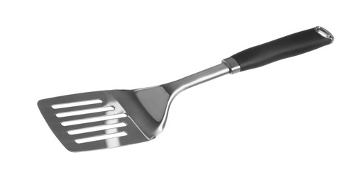 Photo of One metal spatula with black handle isolated on white