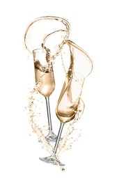 Image of Glasses with sparkling wine and splashes on white background