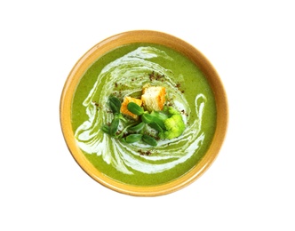 Photo of Bowl of broccoli cream soup with croutons on white background, top view