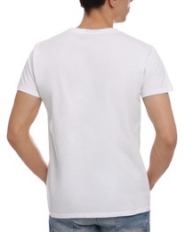 Photo of Man wearing stylish t-shirt on white background, back view. Mockup for design