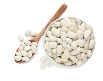 Photo of Spoon and bowl with uncooked navy beans on white background, top view