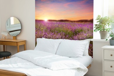 Image of Cozy bedroom interior with comfortable furniture and beautiful floral wallpapers