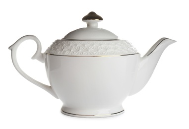 Photo of Porcelain teapot with decoration isolated on white