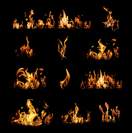 Image of Collection of bright fire flames on black background