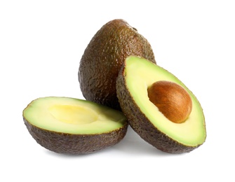 Photo of Ripe fresh avocados on white background