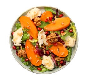 Photo of Plate with delicious persimmon salad on white background, top view
