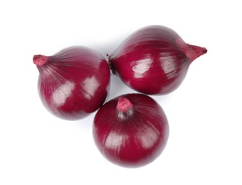 Photo of Fresh whole red onions on white background, top view