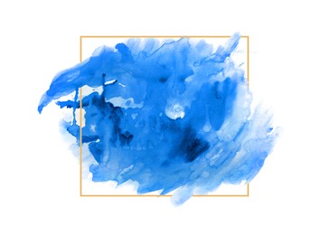 Image of Blot of blue watercolor paint and frame on white background