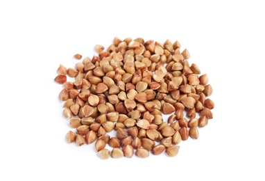 Photo of Uncooked buckwheat on white background. Healthy diet