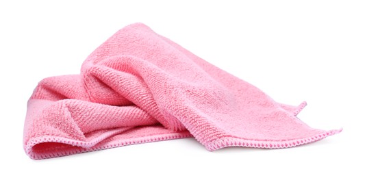 Photo of Clean pink microfiber cloth isolated on white