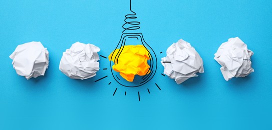 Image of Idea. Illustration of light bulb around crumpled paper ball on light blue background, flat lay. Banner design